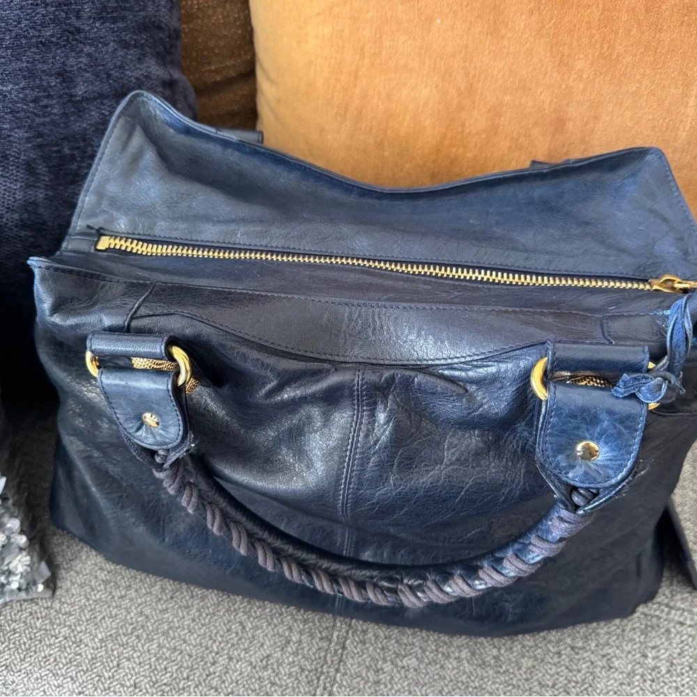 Vintage Balenciaga Marine Blue Leather Giant 21 Gold Brief Bag